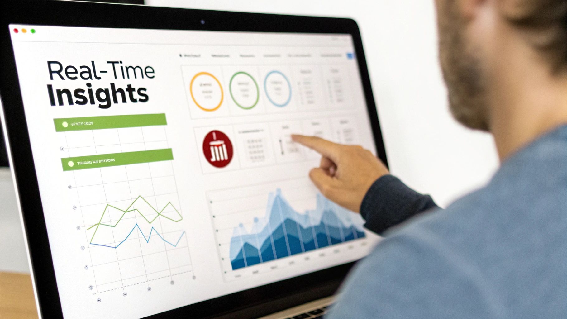 Hand pointing at a laptop screen displaying a data analytics dashboard with real-time insights.
