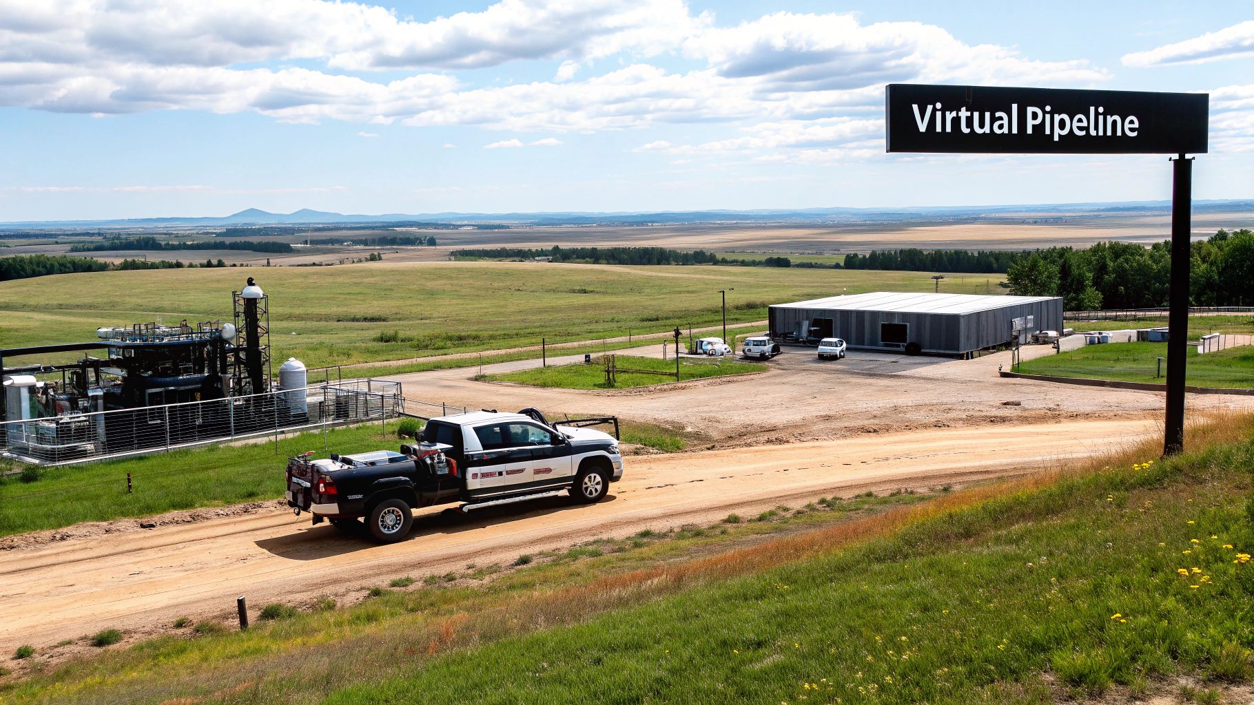 A fleet of CNG virtual pipeline trailers lined up, ready for transport, showcasing the mobile nature of the system.