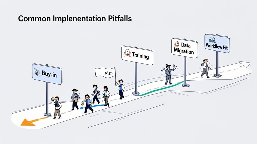 Illustration of a road with signs for common implementation pitfalls: Buy-in, Training, Data Migration, Workflow Fit.