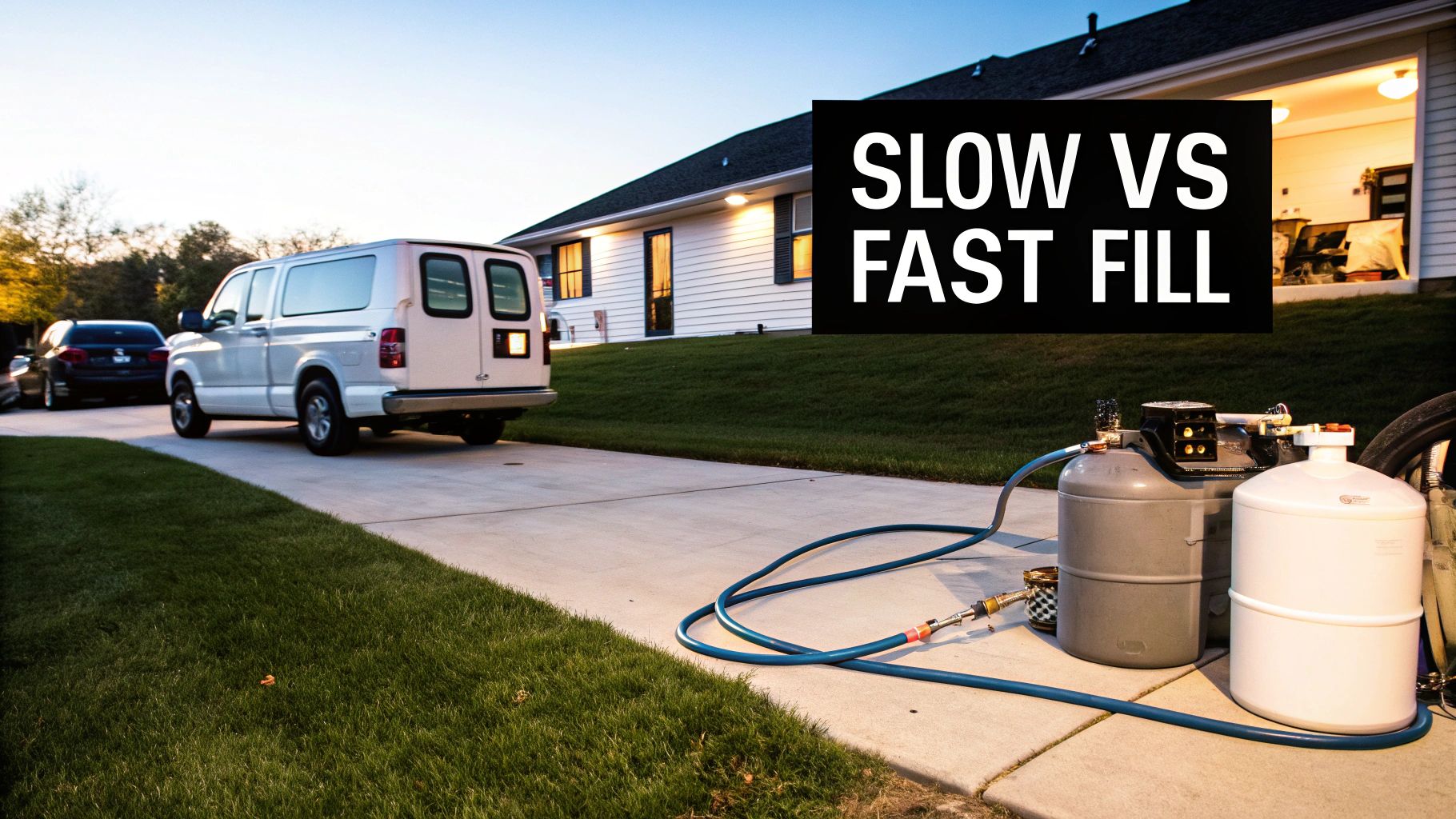 A white van on a driveway next to a home CNG fueling station with two tanks and a hose.