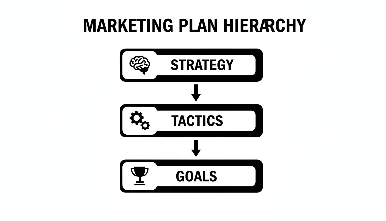 Diagram illustrating the marketing plan hierarchy: Strategy, Tactics, and Goals, with corresponding icons.
