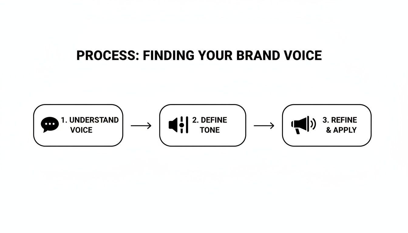 A three-step process infographic for finding a brand voice: Understand, Define, Refine & Apply.