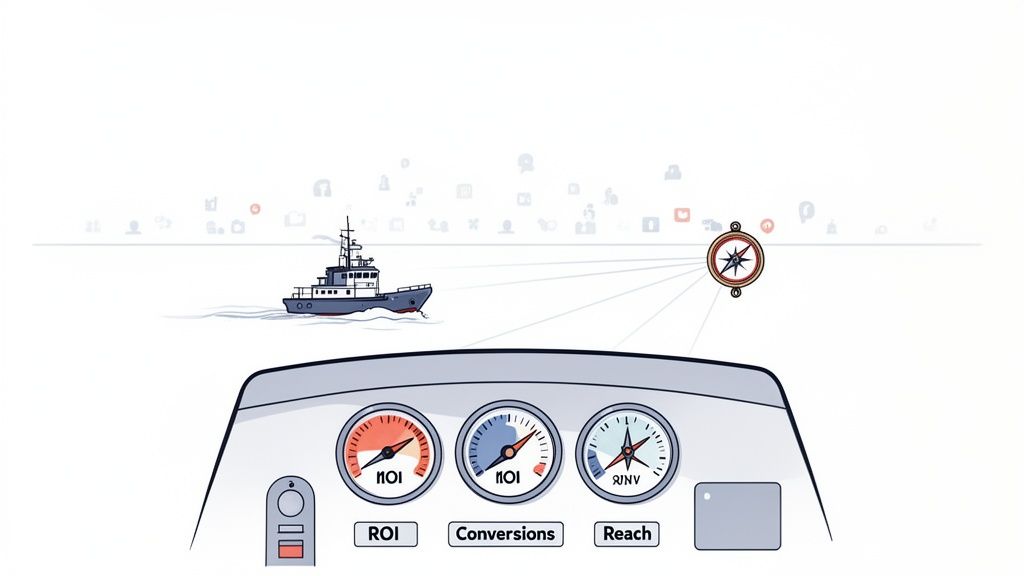 A boat navigating a sea of social media icons, with a dashboard displaying ROI, conversions, and reach gauges.