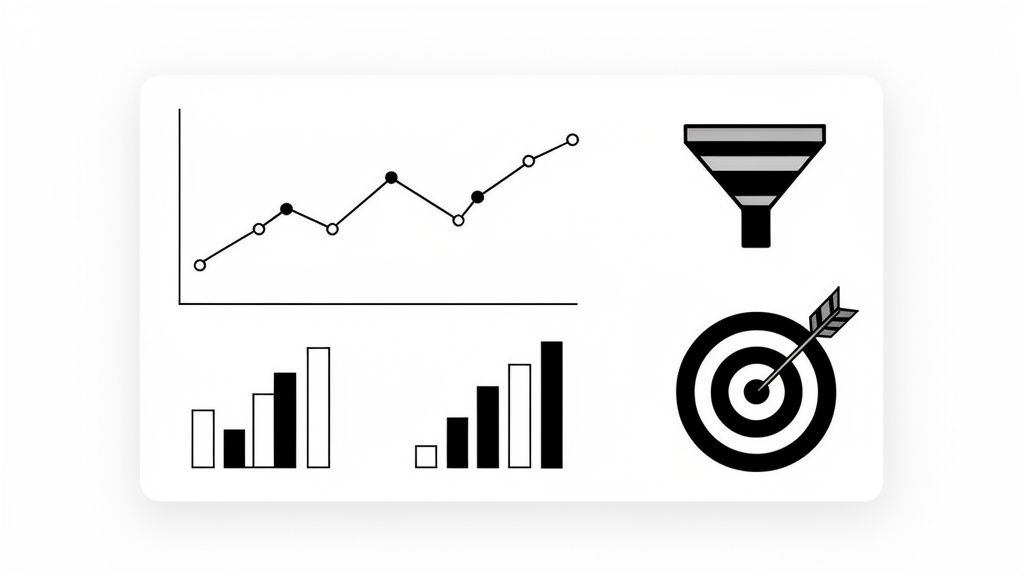 A collection of black and white marketing and data visualization icons including graphs, a sales funnel, and a target.