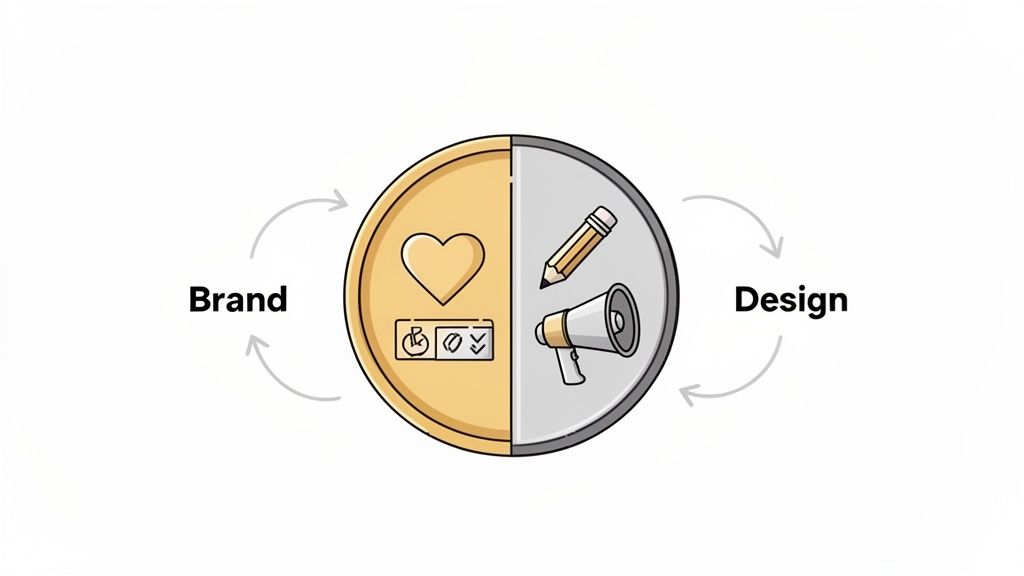Gold and grey halves of a circle represent brand (heart, tasks) and design (pencil, megaphone) in a continuous loop.