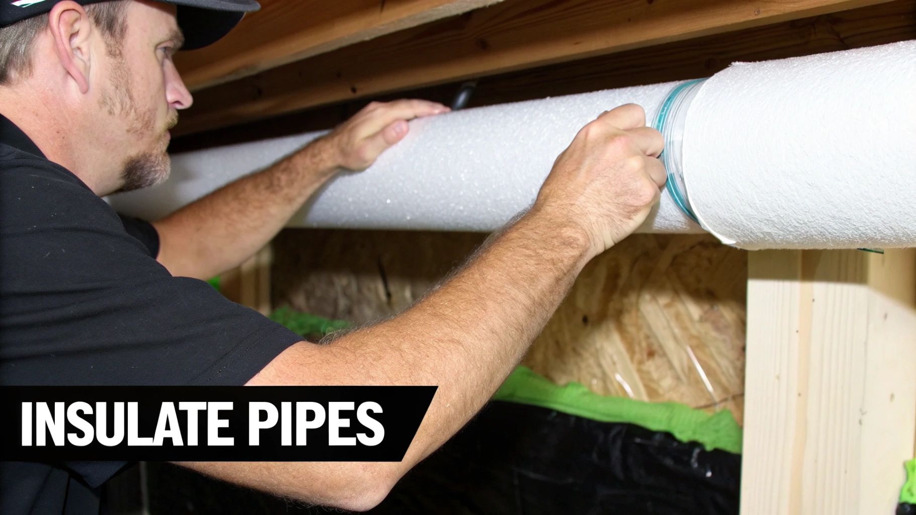 Insulated pipes running through an unfinished basement ceiling.