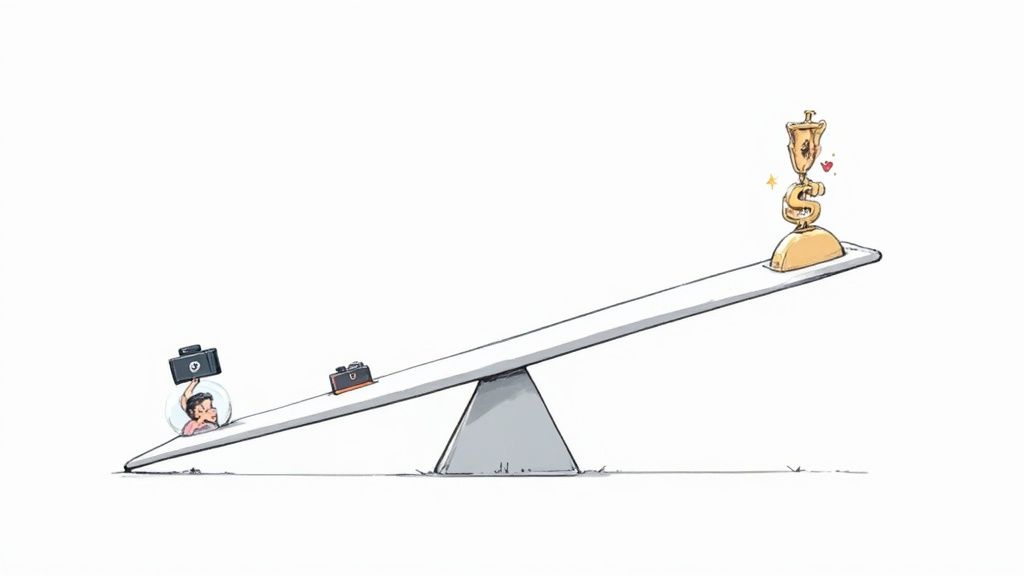 A man at one end of a seesaw struggles with heavy work items against a dollar sign trophy.