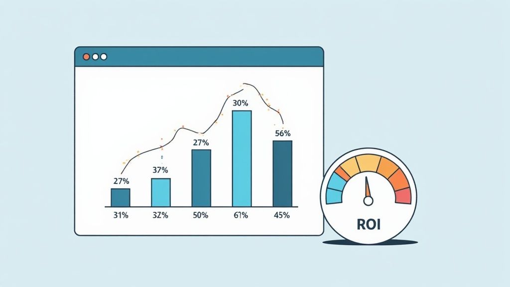 A digital marketing dashboard on a laptop screen showing various KPIs and charts.