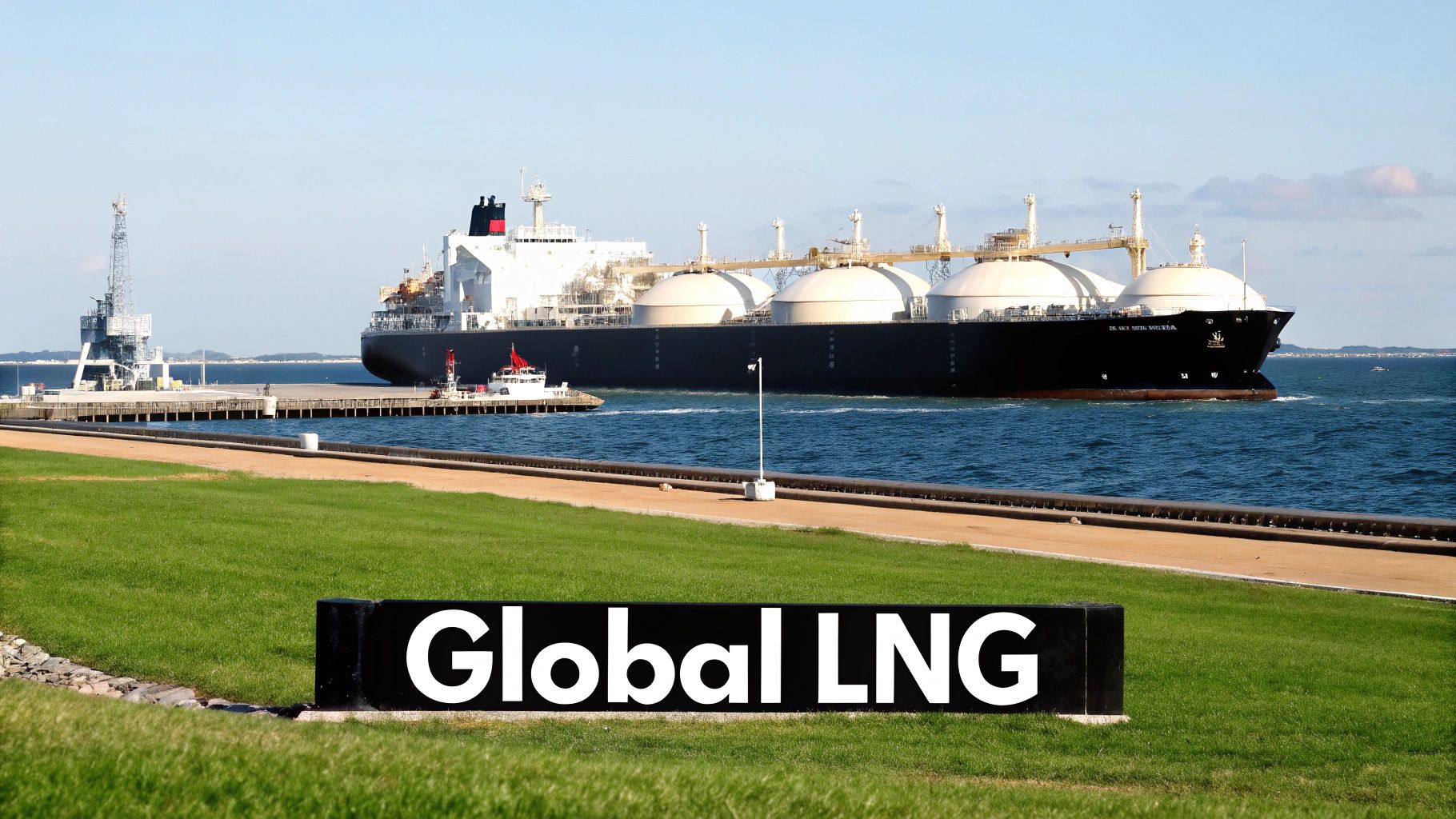 A large LNG carrier ship at a port terminal