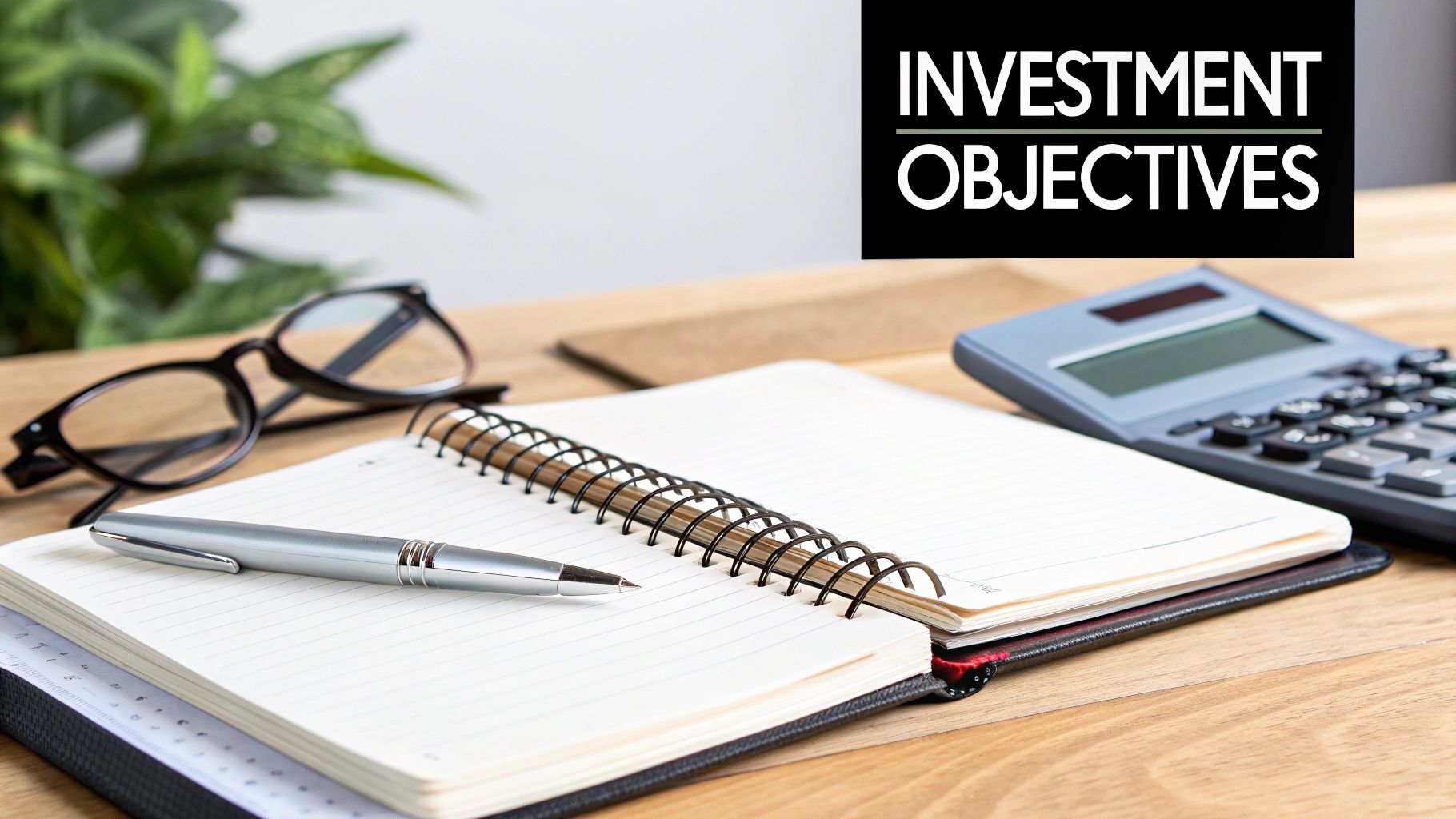 Desk with a notebook, pen, glasses, and calculator, featuring 'INVESTMENT OBJECTIVES' text.