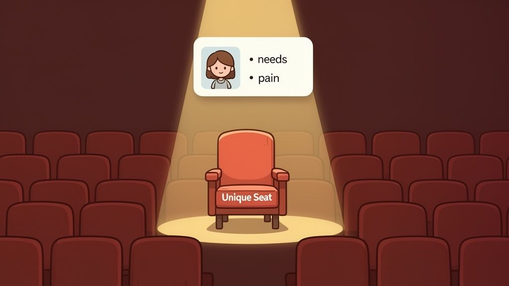 A unique red armchair under a spotlight, representing customer focus, with needs and pain points identified.