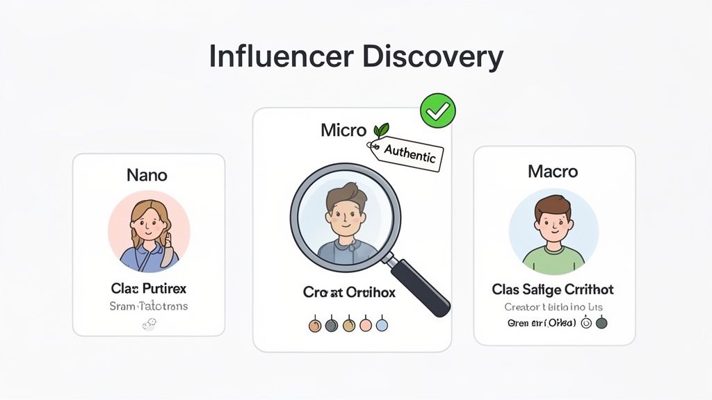 A diagram titled 'Influencer Discovery' showing Nano, Micro, and Macro influencer categories with avatars.