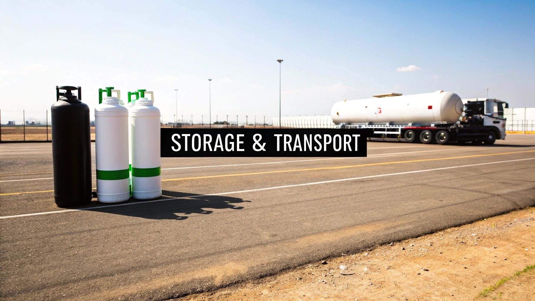 Gas cylinders and a tanker truck on a road with 'STORAGE & TRANSPORT' text overlay.