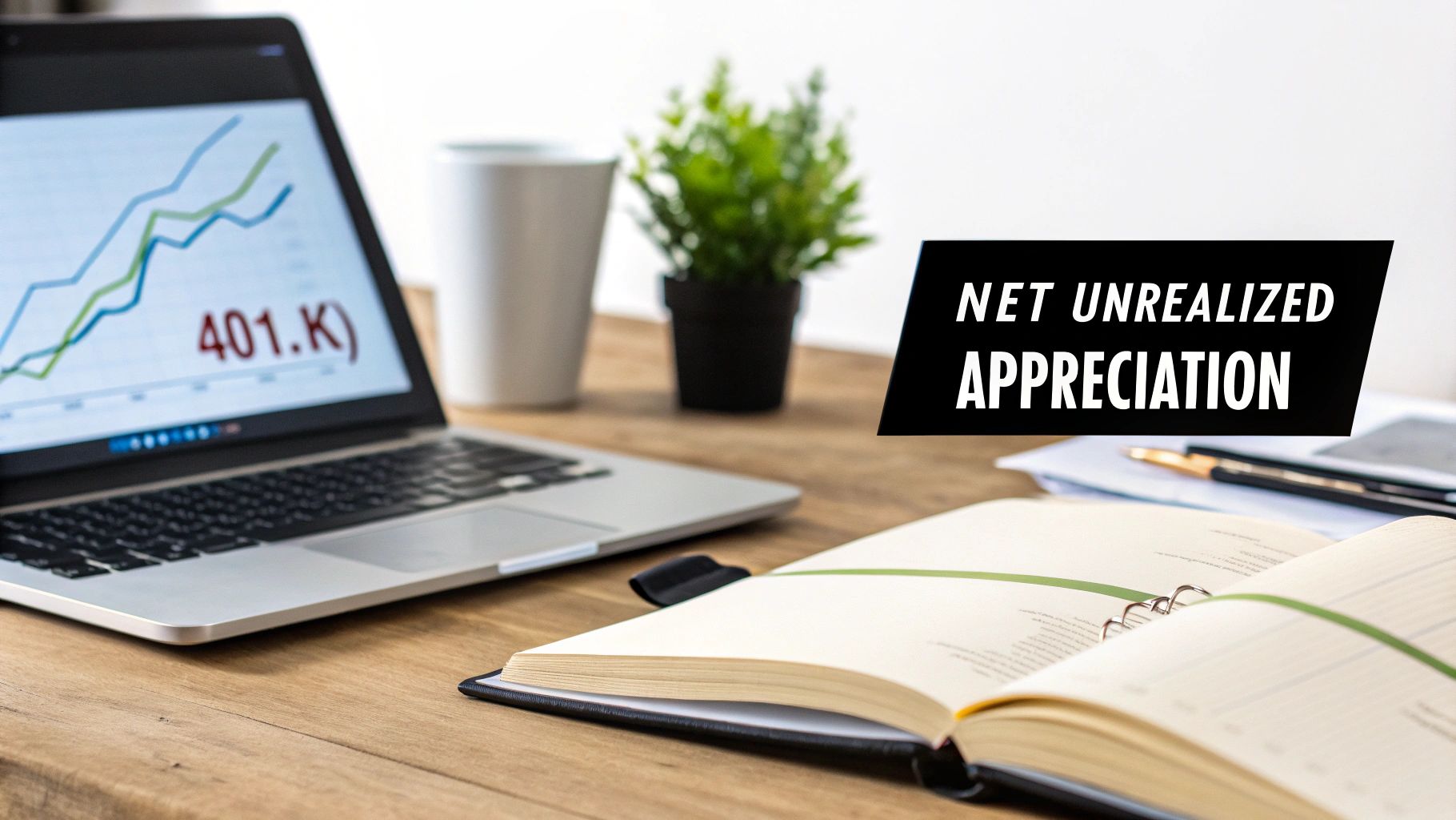 Laptop with 401K graph, 'NET UNREALIZED APPRECIATION' banner, and open notebook on a wooden desk.