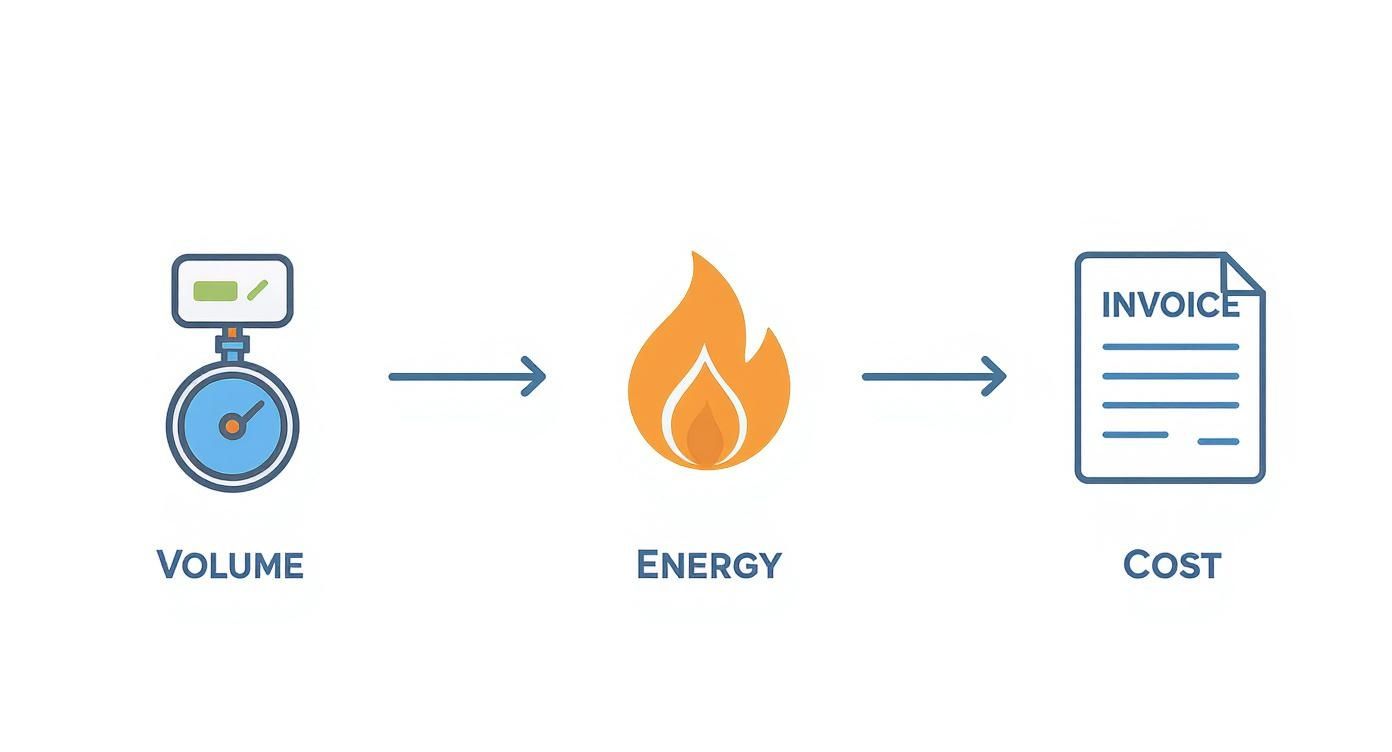 An illustration showing the conversion process from measured volume to energy, then calculating the final cost.