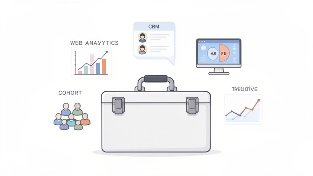 A white briefcase surrounded by icons representing marketing analytics tools and concepts.