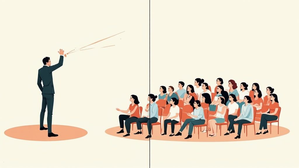 Business presenter speaking to diverse audience group during marketing segmentation presentation