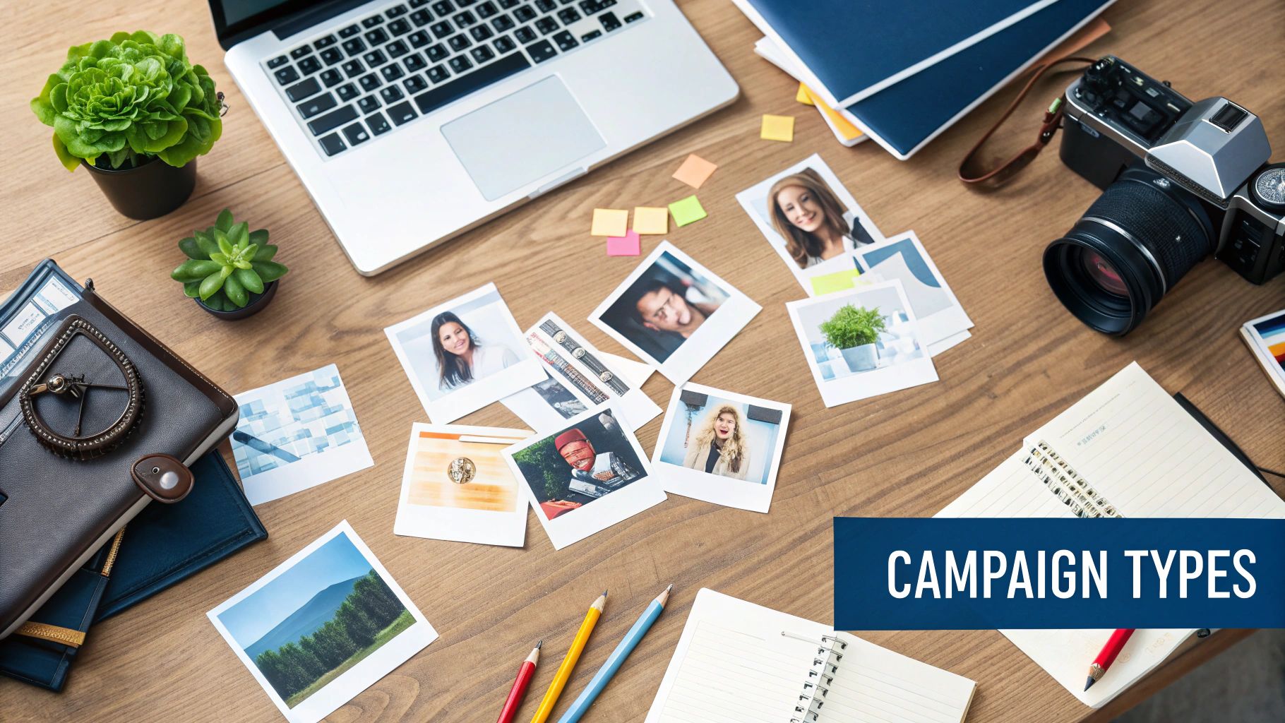 An image showing a person's hands using a laptop with charts and social media icons, illustrating campaign strategy tools