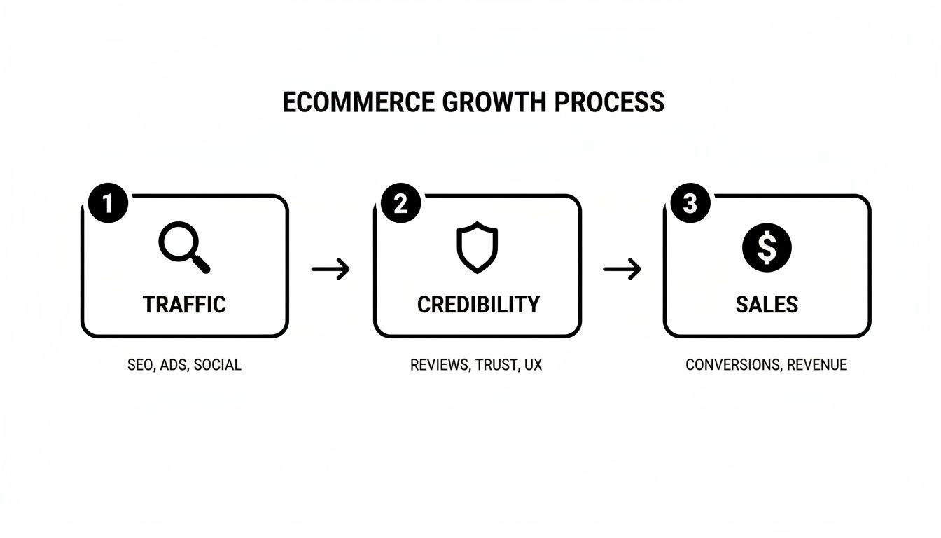 An infographic detailing the three-step e-commerce growth process: traffic, credibility, and sales.