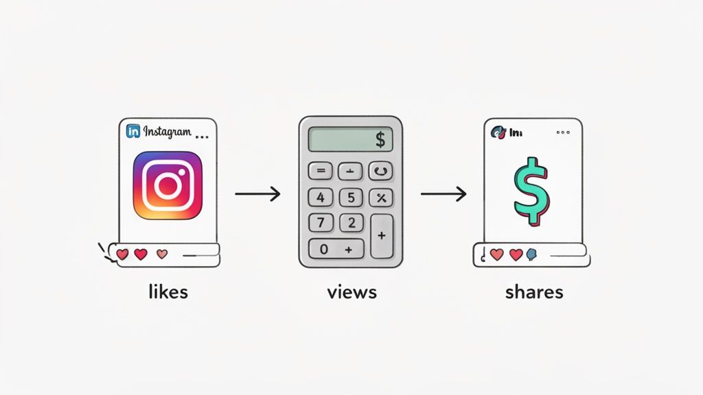 An illustration showing social media likes turning into views and then shares, symbolizing earned media value.