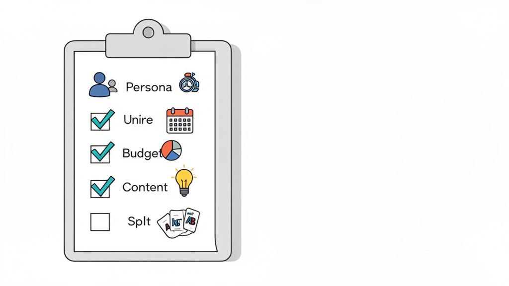A clipboard with a checklist for marketing steps including persona, budget, content, and split testing.