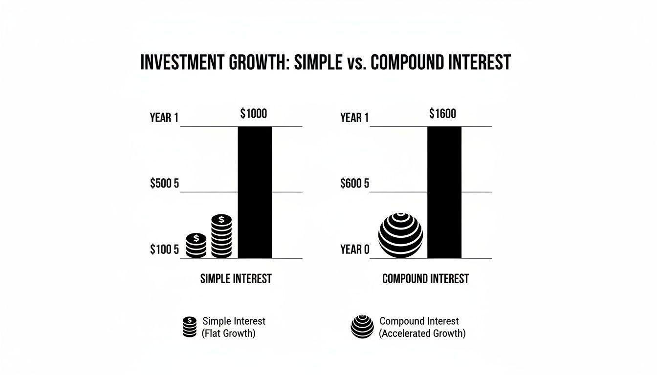 Comparison of investment growth with simple interest (flat growth) versus compound interest (accelerated growth).