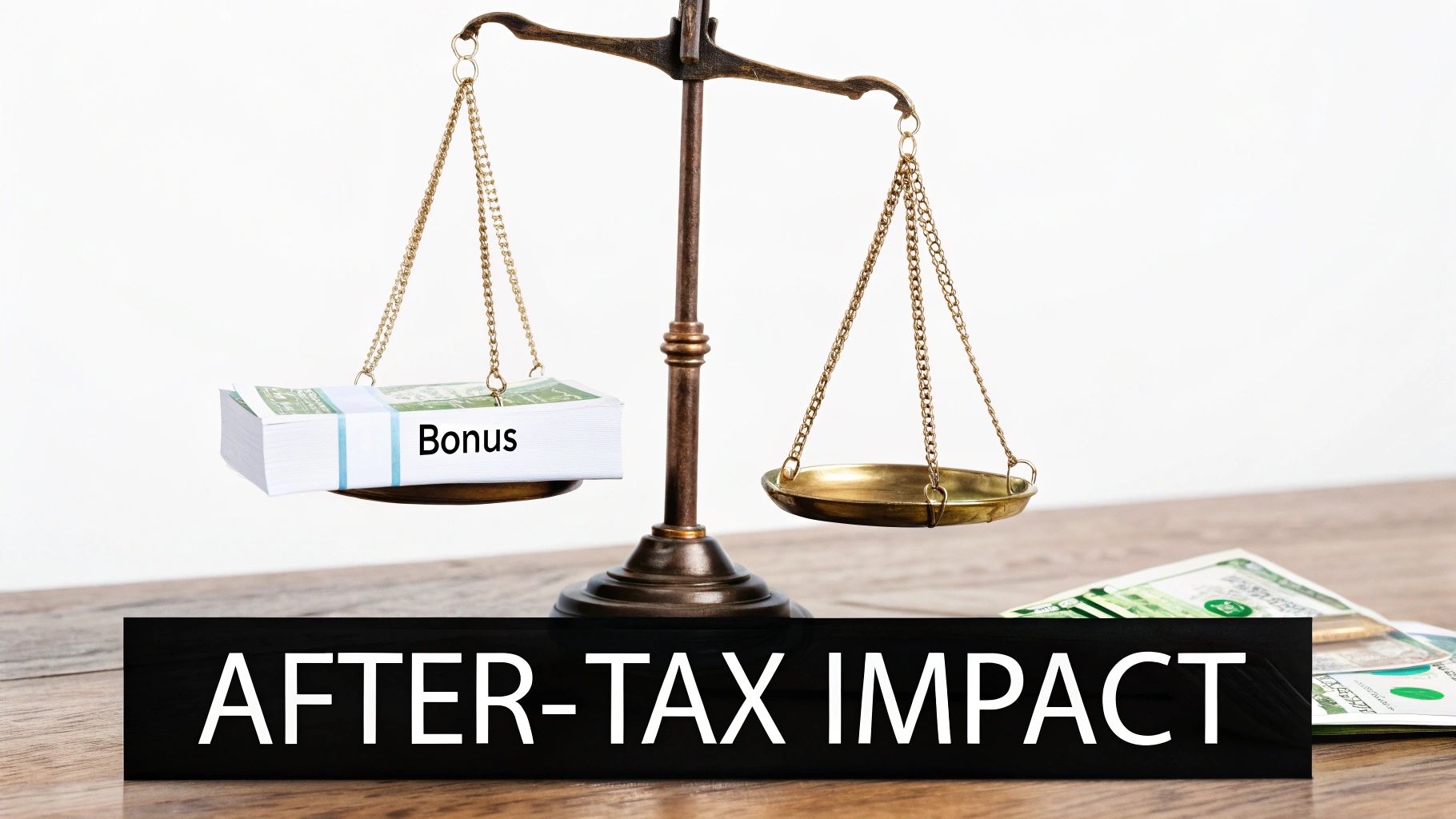 A scale showing a stack of money labeled 'Bonus' with an empty pan, and text 'AFTER-TAX IMPACT'.