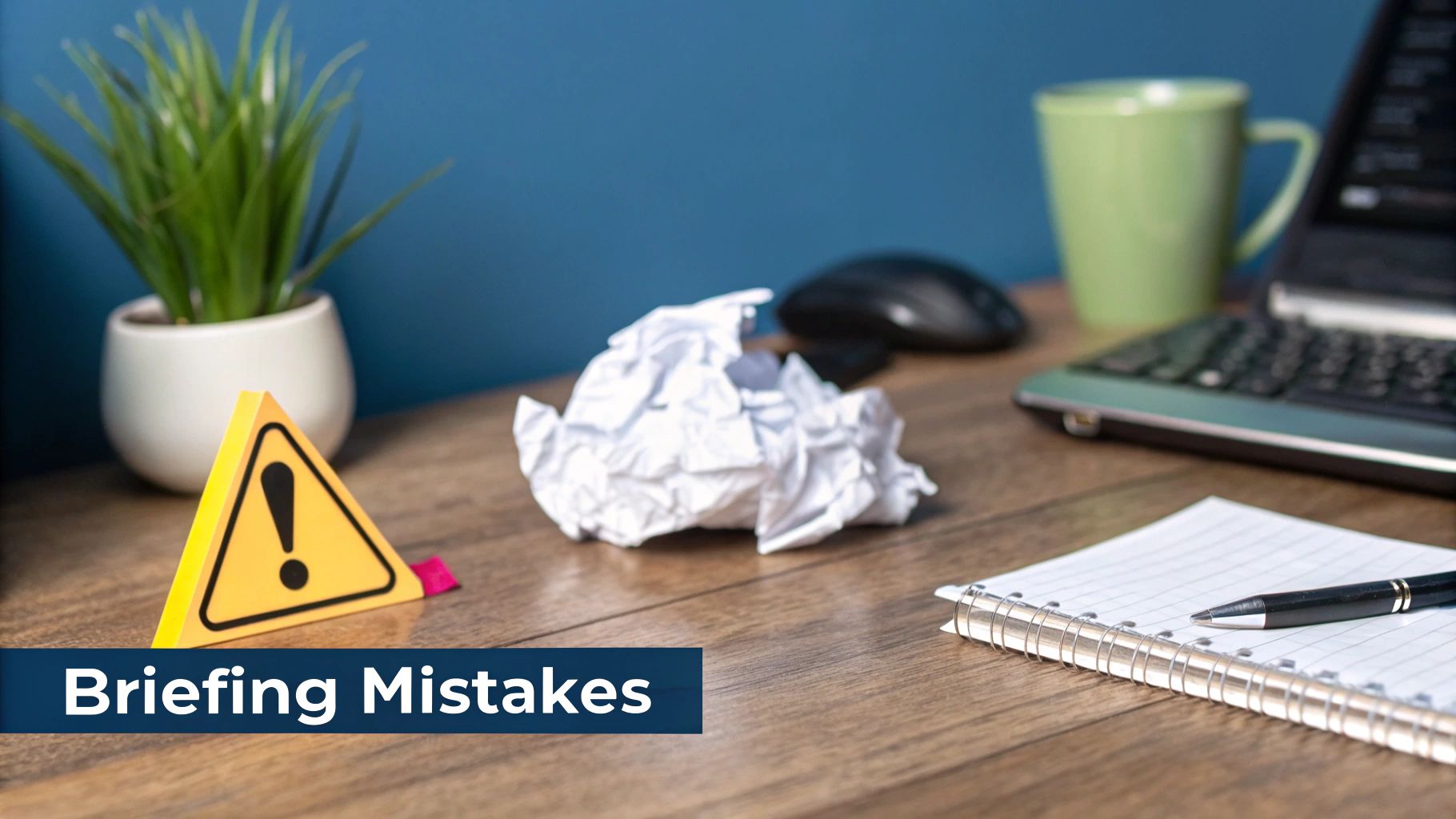 A crumpled piece of paper on a desk, symbolizing a failed creative idea.