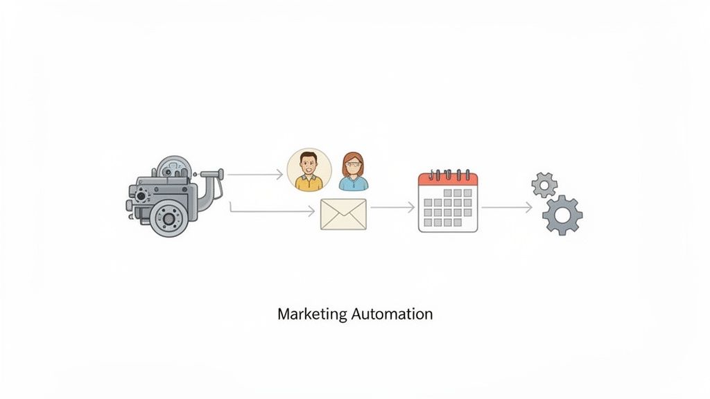 A diagram illustrating a marketing automation workflow, showing an engine, user profiles, email, calendar, and gears.