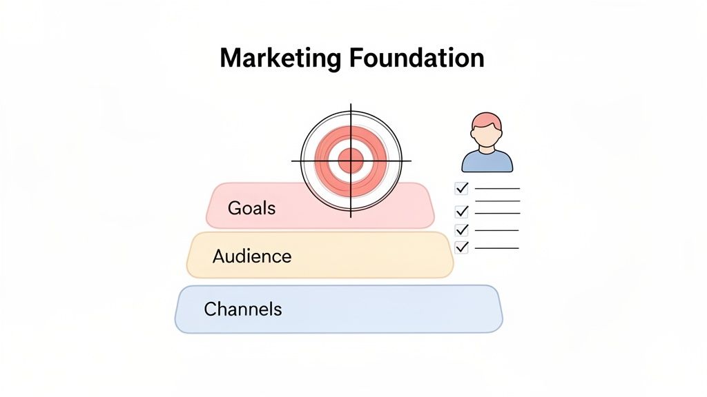 Marketing Foundation diagram outlining goals, audience, and channels with a target and user checklist.