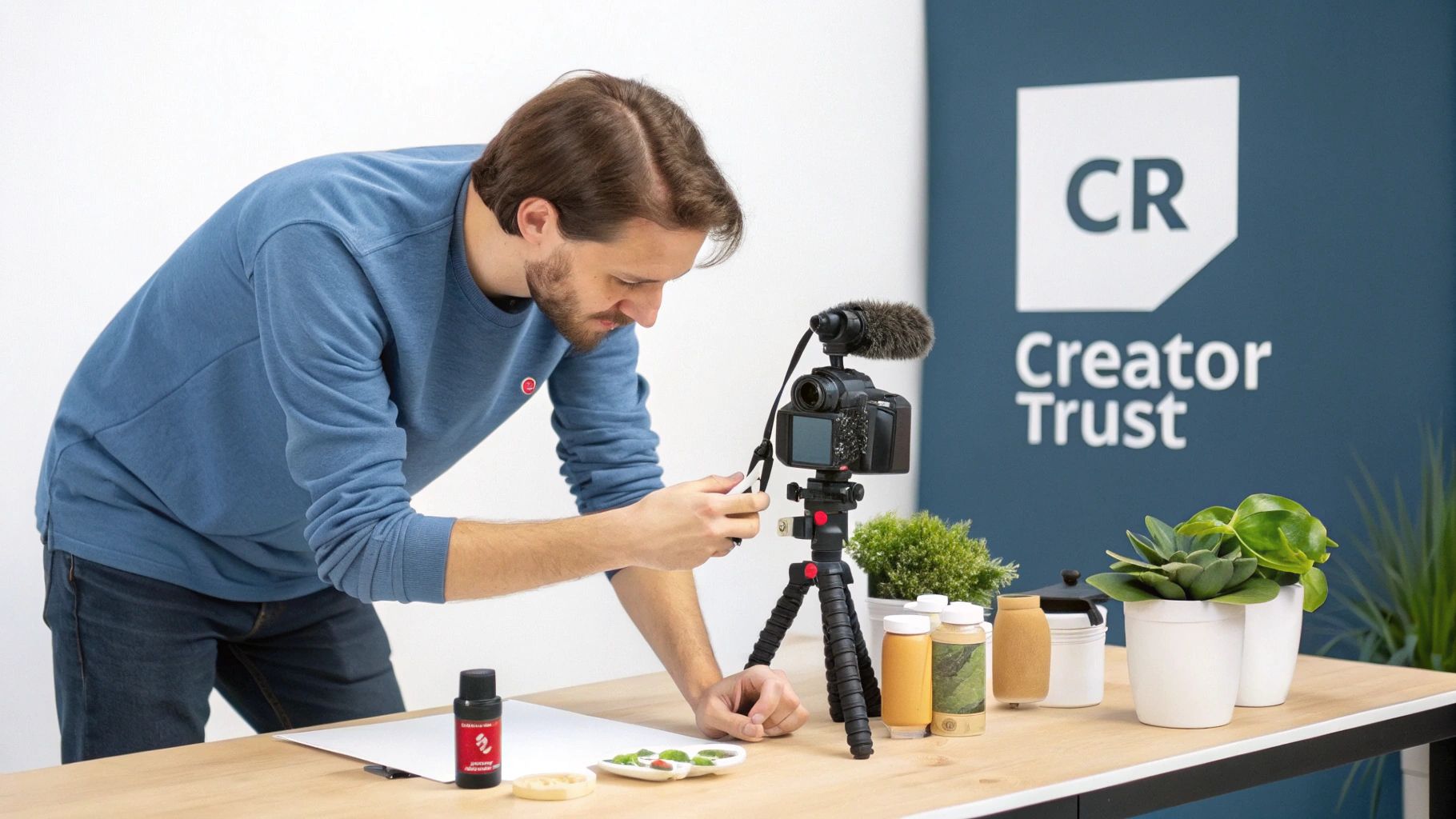 A group of diverse individuals collaborating and looking at a laptop screen, representing a brand partnership with a YouTube creator.