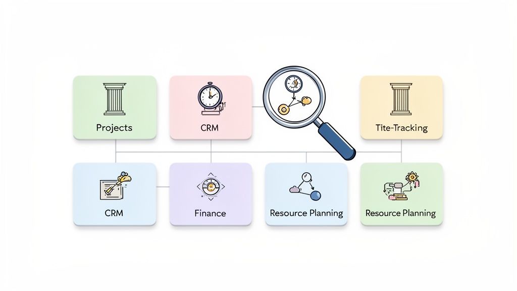 Diagram showing interconnected software modules for projects, CRM, finance, resource planning, and tracking capabilities.
