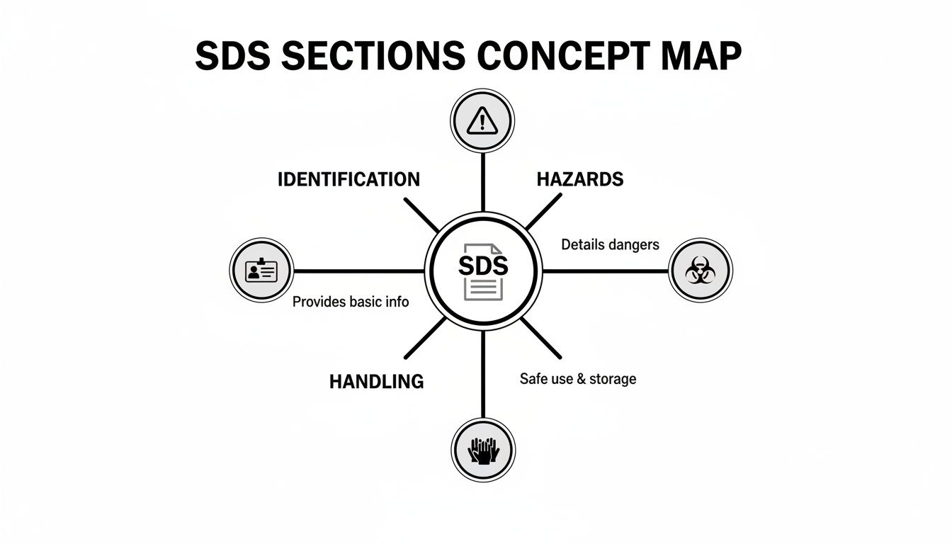 Concept map illustrating the key sections of a Safety Data Sheet (SDS): identification, hazards, and handling.