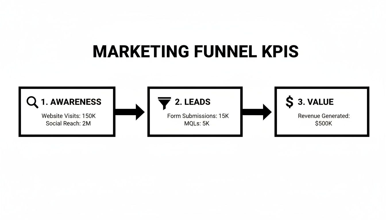 A marketing funnel displaying Awareness, Leads, and Value stages with key performance indicators.