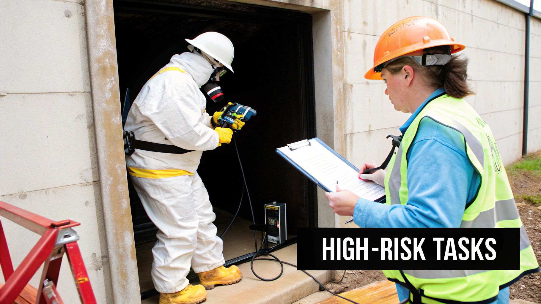 Workers in protective gear performing high-risk tasks, with one monitoring a device and the other documenting observations.