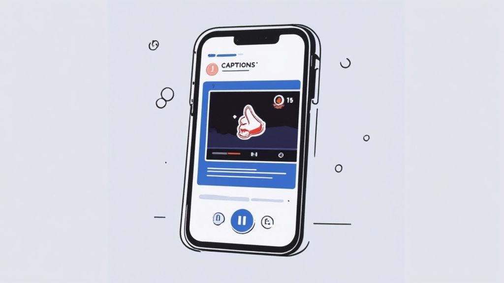 An illustrated smartphone screen displaying a video player with a thumbs up icon and 'CAPTIONS' text.