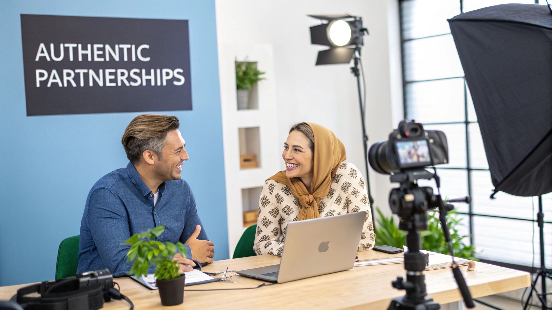 A handshake between a business owner and an influencer, symbolizing a successful partnership