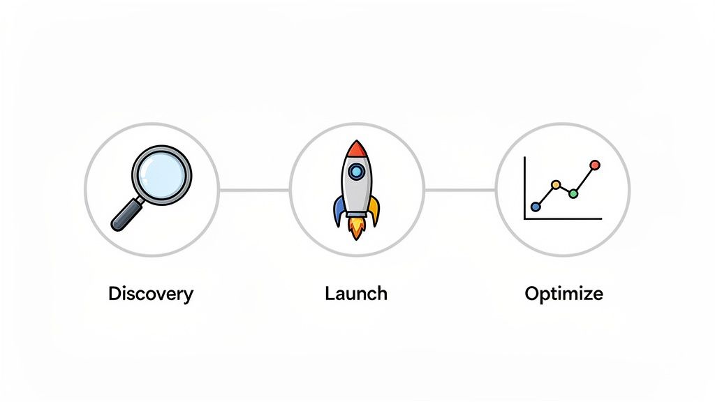 A three-step business process diagram showing Discovery (magnifying glass), Launch (rocket), and Optimize (line graph).
