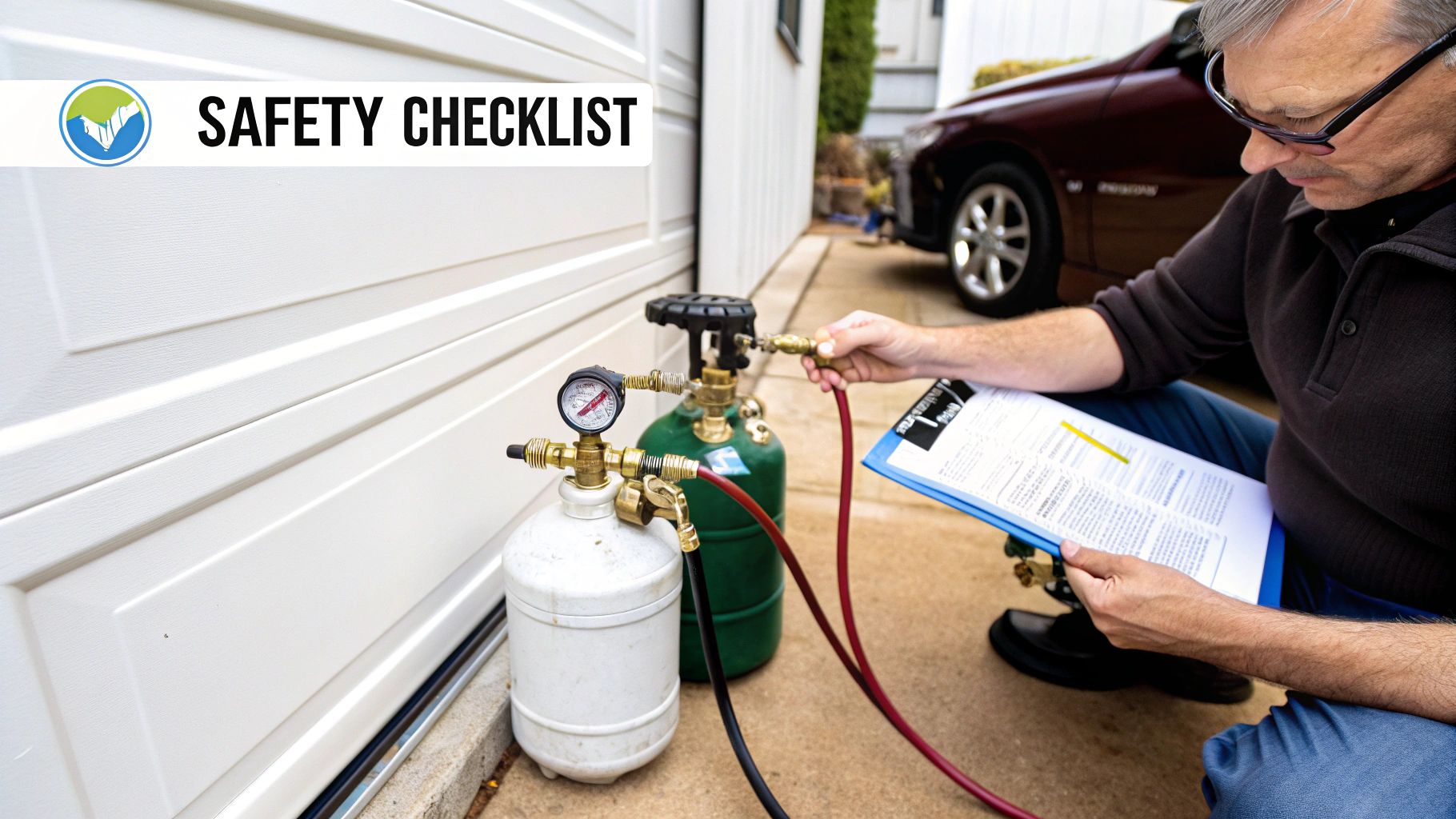 A close-up of a compressed natural gas home refueling station's safety valve and pressure gauge.