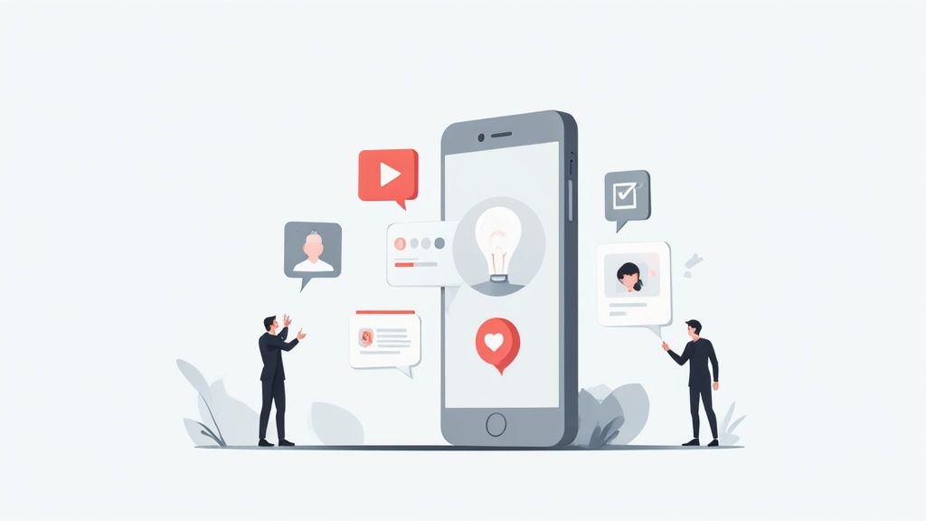 Two men engaging with a large smartphone displaying social media icons and content.