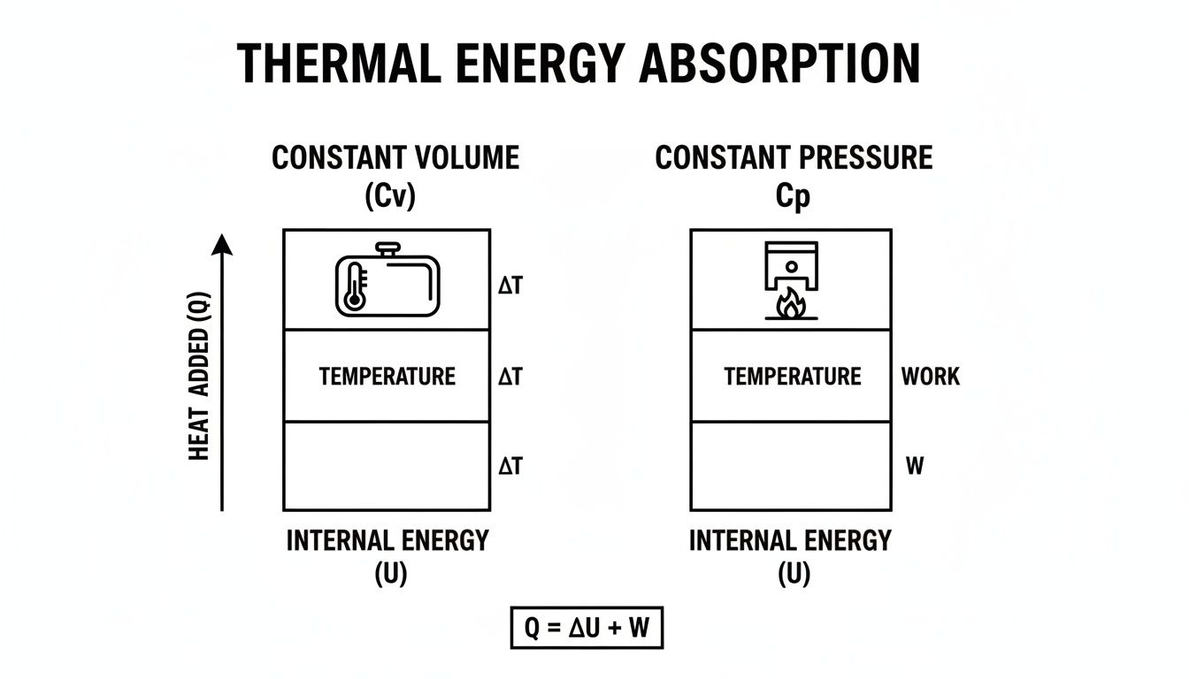 Diagram illustrating thermal energy absorption and its effect on internal energy, temperature, and work under constant volume and pressure conditions.
