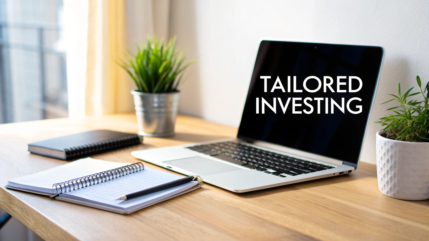 A laptop displaying 'TAILORED INVESTING' on a desk with notebooks and potted plants.