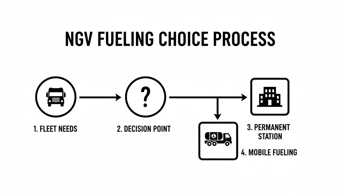 Flowchart illustrating the NGV fueling choice process, from fleet needs to permanent or mobile fueling options.