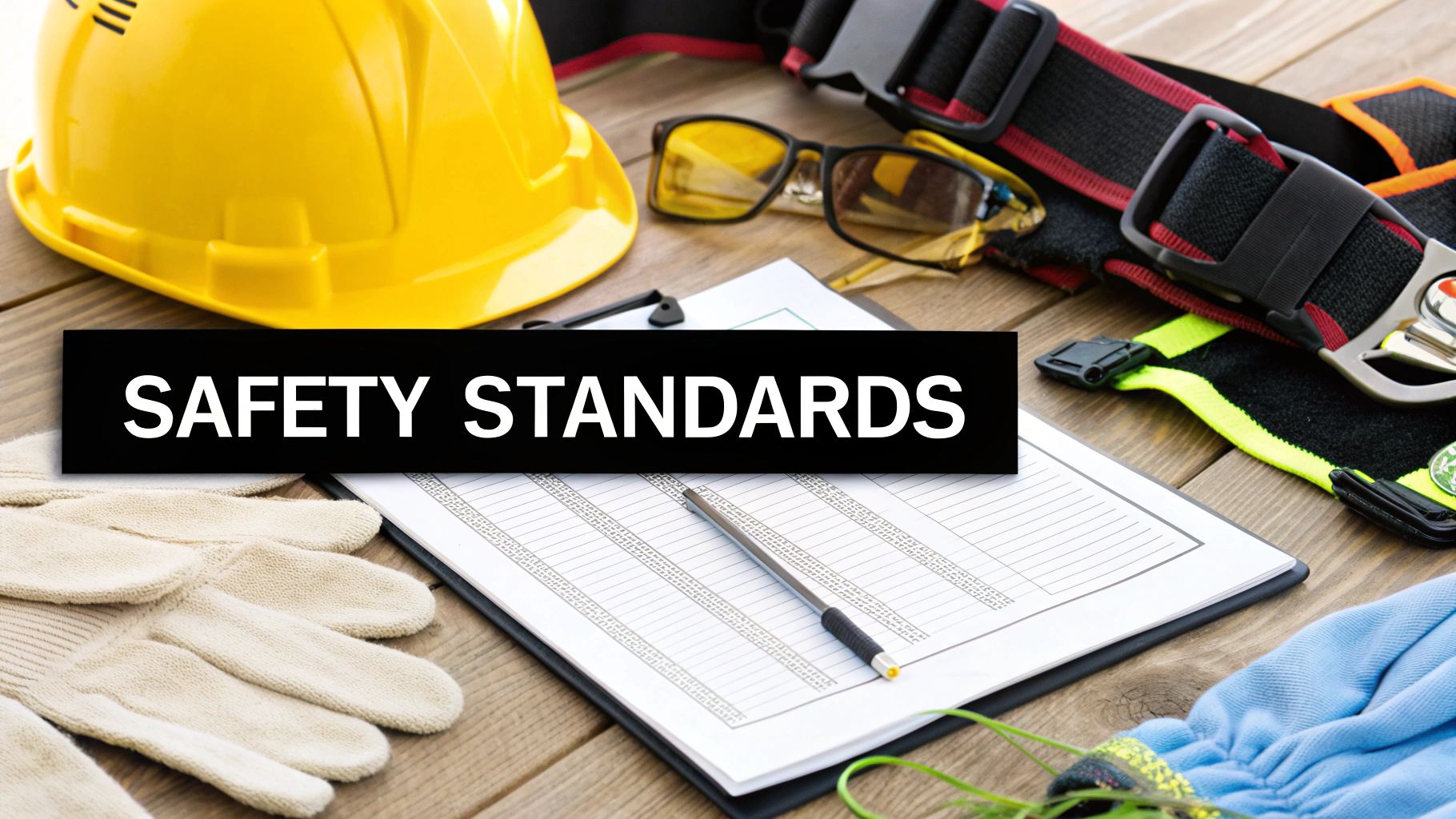 A yellow hard hat, safety glasses, gloves, and a harness near a clipboard with 'SAFETY STANDARDS' text.