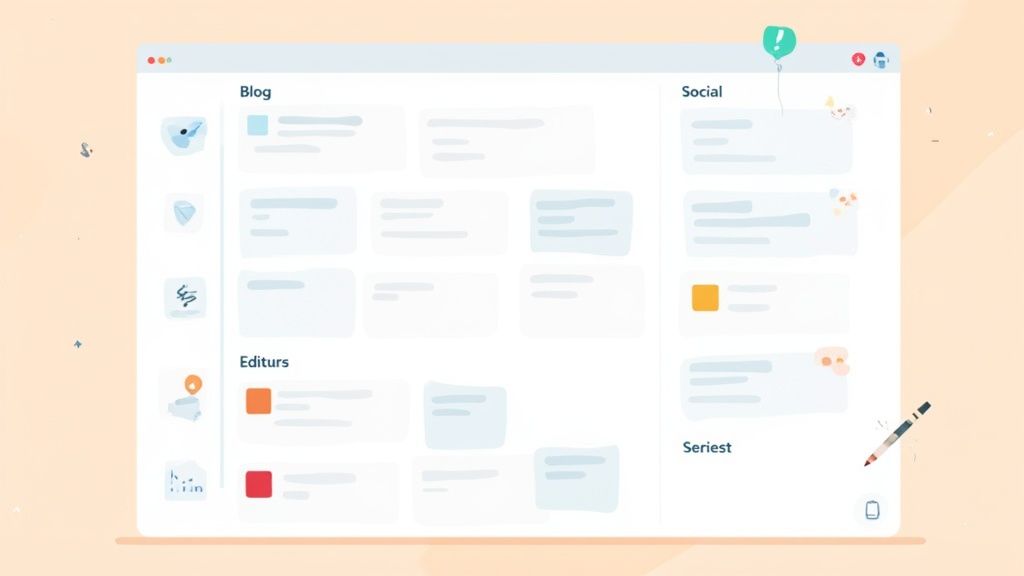A clean, stylized web application interface with sections for blog, social, and editors, featuring simple icons.