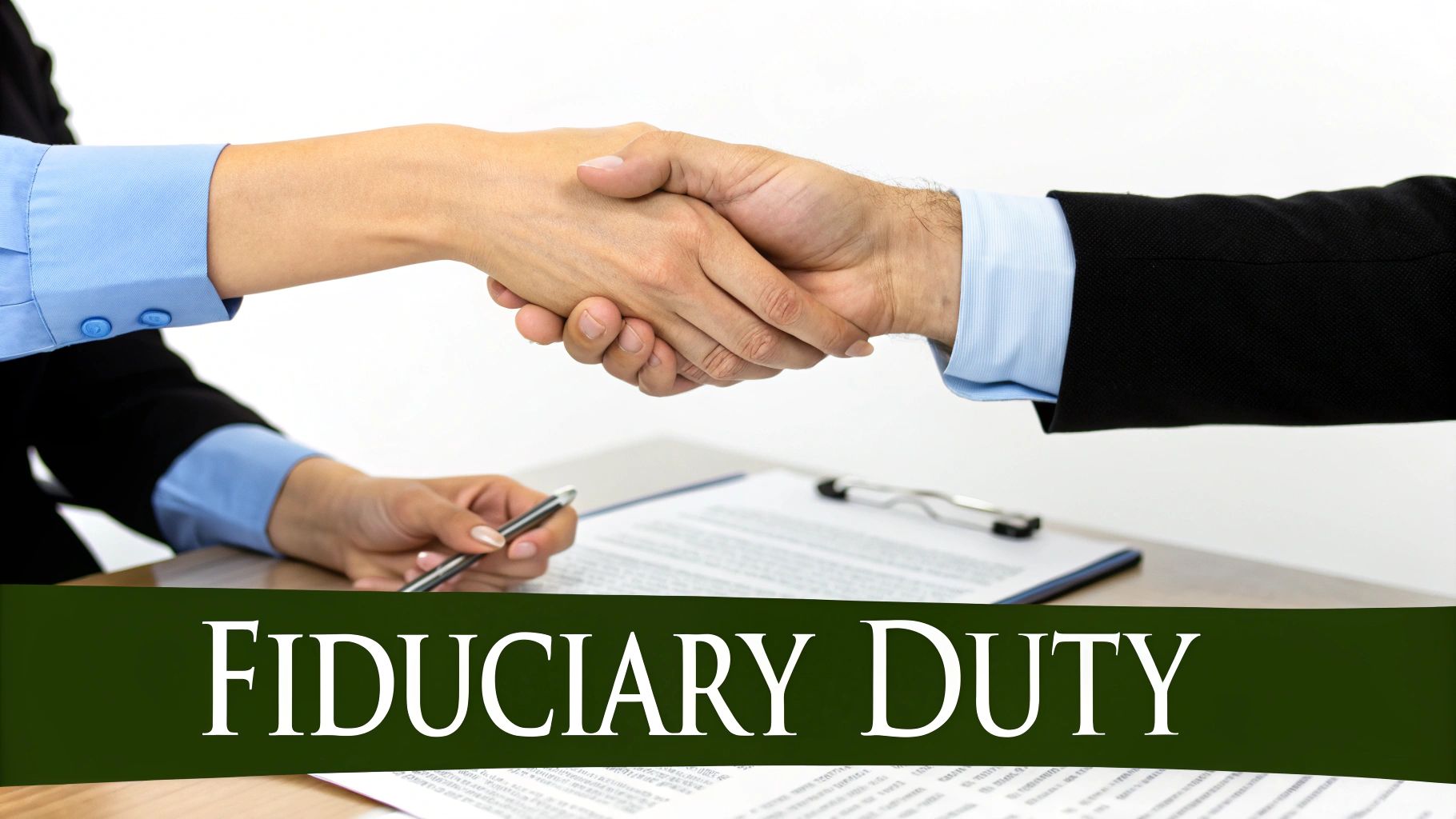 Two business professionals shaking hands over documents with 'Fiduciary Duty' text on a banner.