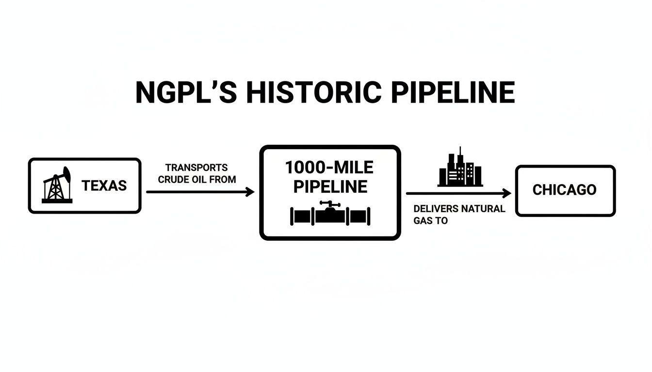 Diagram showing NGPL's 1000-mile pipeline transporting crude oil from Texas and delivering natural gas to Chicago.
