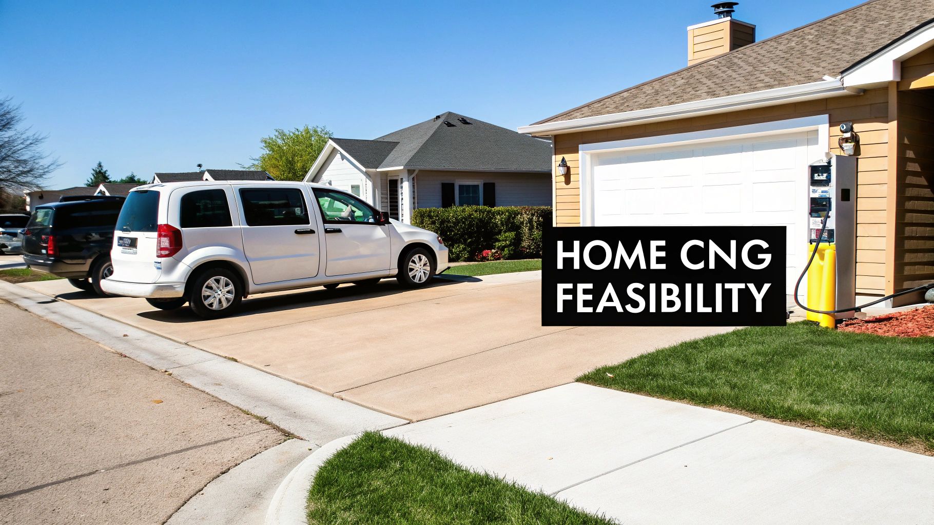 A white minivan is parked on a driveway next to a house with a home CNG filling station.
