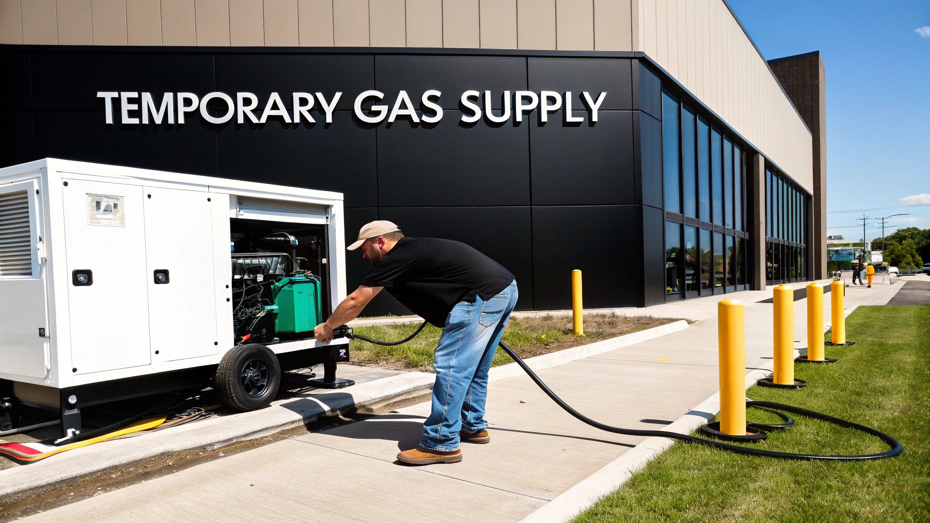 A man connects a large temporary gas supply unit with a hose to a commercial building.