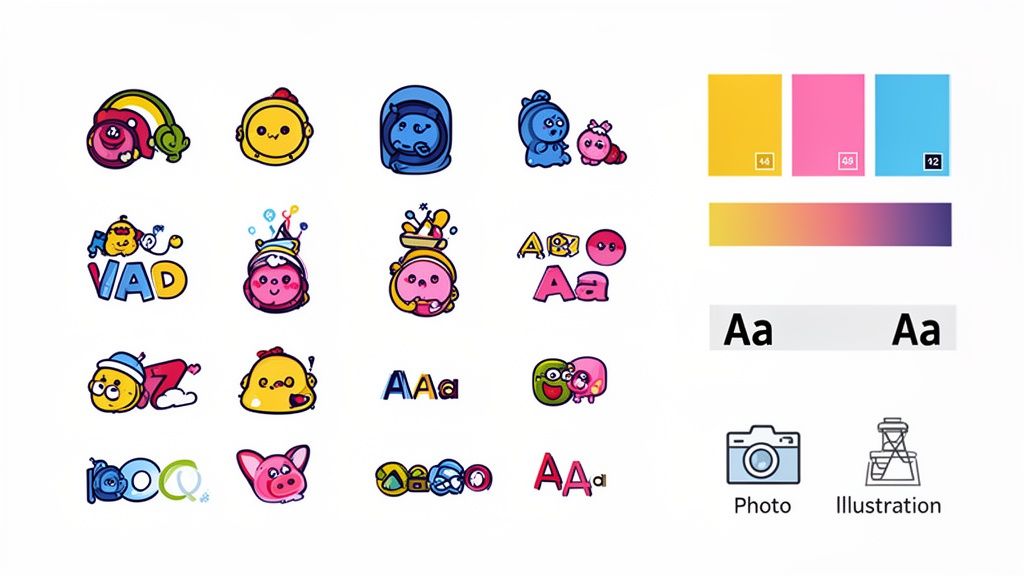 A style guide showing colorful cartoon characters, brand colors (yellow, pink, blue), typography examples, and content icons.